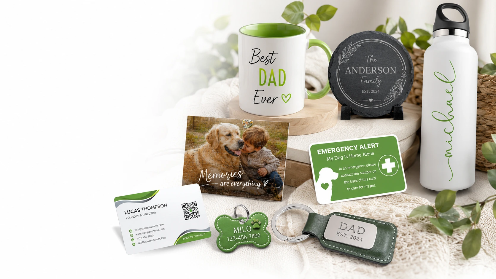 Personalised mugs, cards, keyrings and bottles