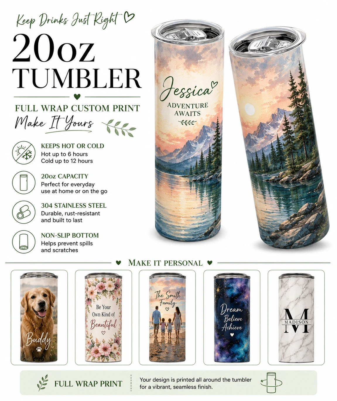 Personalised 20oz Full Wrap Stainless Steel Tumbler