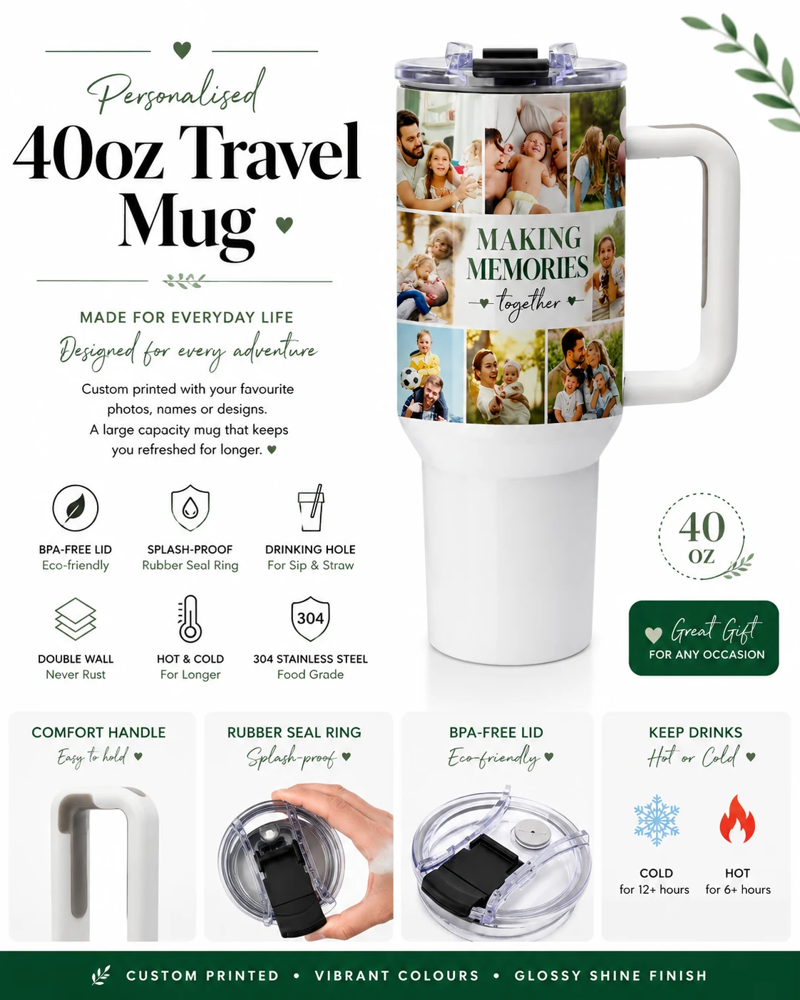 40oz Personalised Stainless Steel Travel Mug with Handle