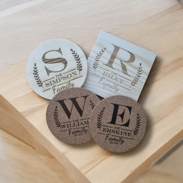 Wooden or Cork Engraved Drink Coasters!